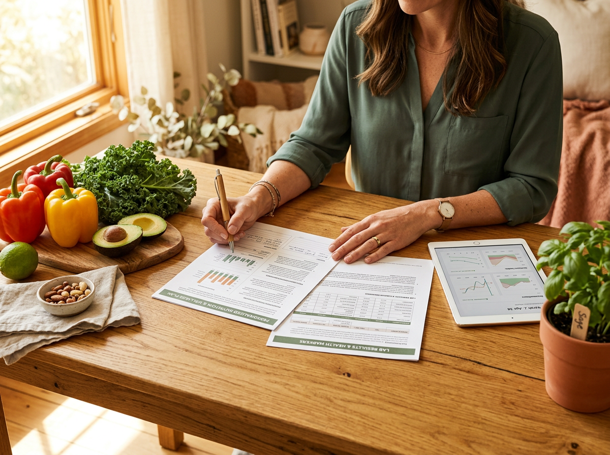 A nutritionist reviewing personalized nutrition plans and lab results at a warm wooden desk with fresh whole foods nearby
