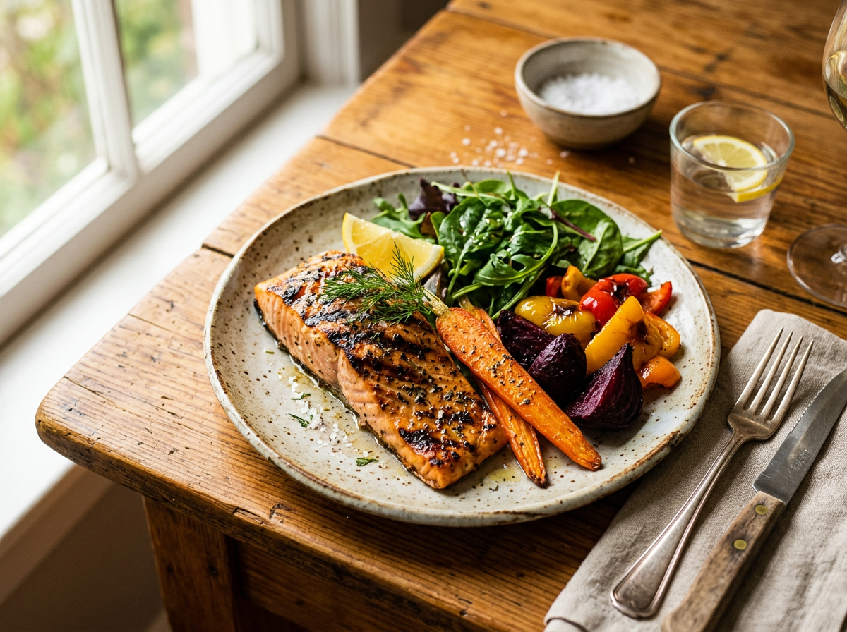 A beautifully plated grilled salmon with vibrant roasted vegetables on a rustic wooden farmhouse table